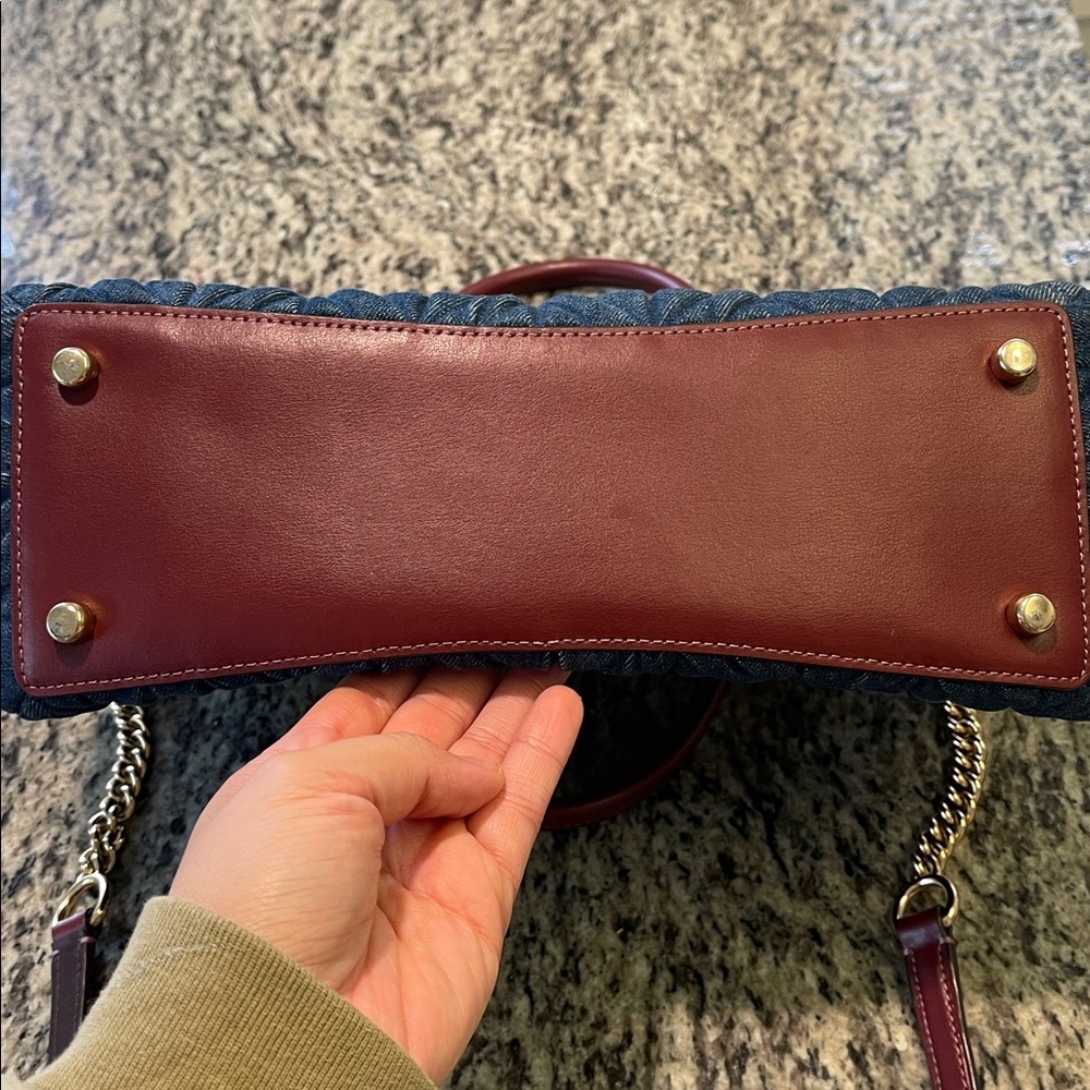 Coach Quilted Navy Denim Satchel with Burgundy Leather Trim - Picture 9 of 15